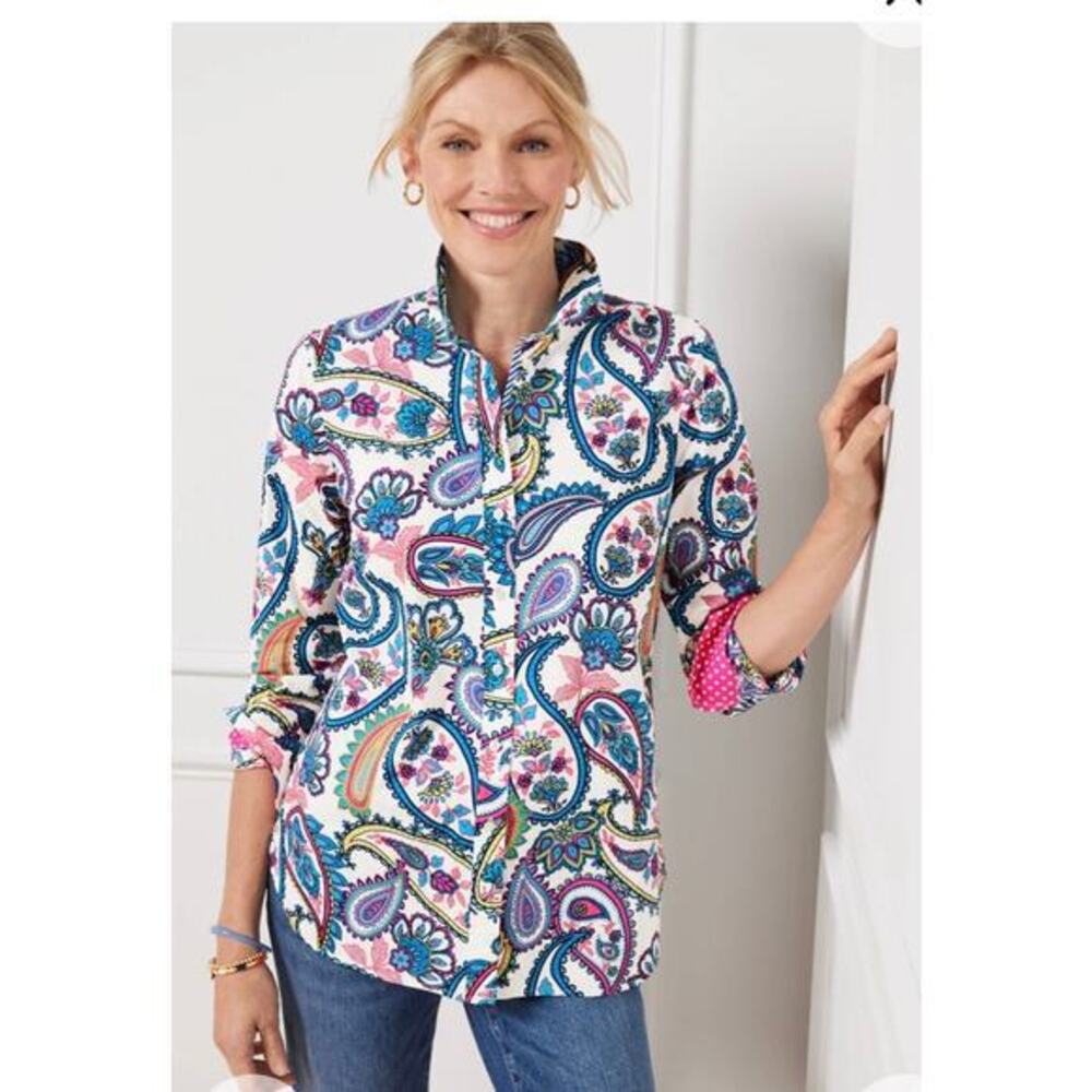 Talbot's Cotton Button Front Shirt Blossom Paisley White Blue Pink Small Petite